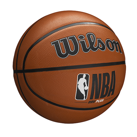 The Wilson NBA DRV Plus Basketball by Wilson features a textured orange cover with black and white "DRV PLUS" text, plus the Wilson and NBA logos—crafted for superior outdoor basketball games.