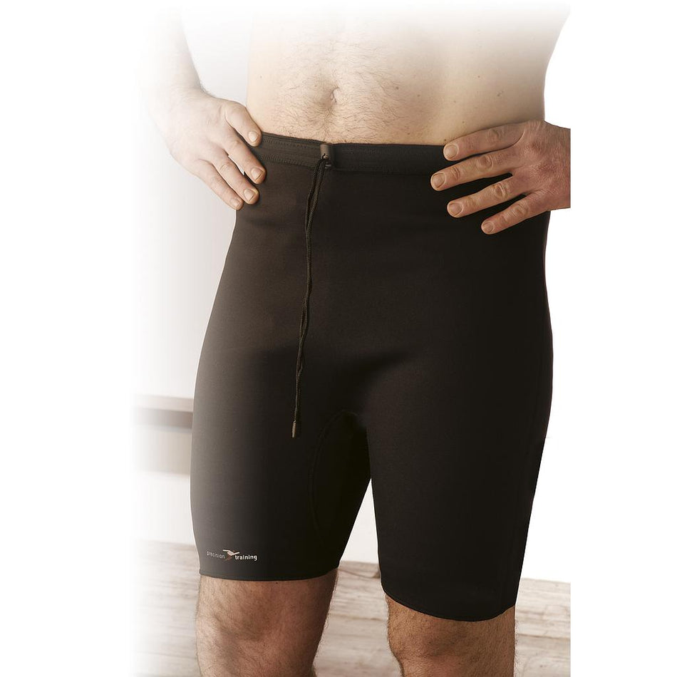 A person wears Precision Training Precision Neoprene Warm Shorts—high-waisted black compression shorts with a drawstring waist and small logo near the left hem. Perfect for hamstring support. Only the torso and upper legs are shown.