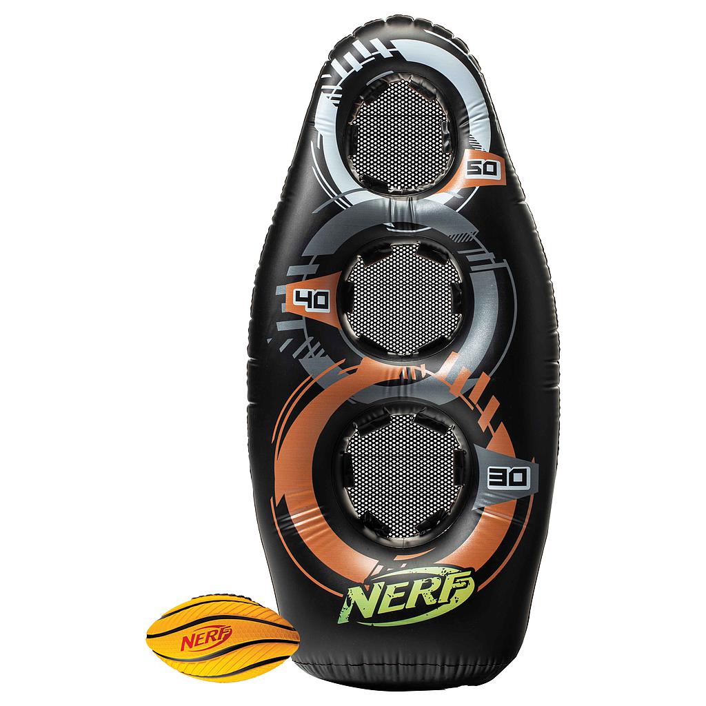 The Nerf Proshot Inflatable Football Target by Nerf is a fun kids football target with three circular holes scored 50, 40, and 30 points, plus a small yellow Nerf football included for practice.