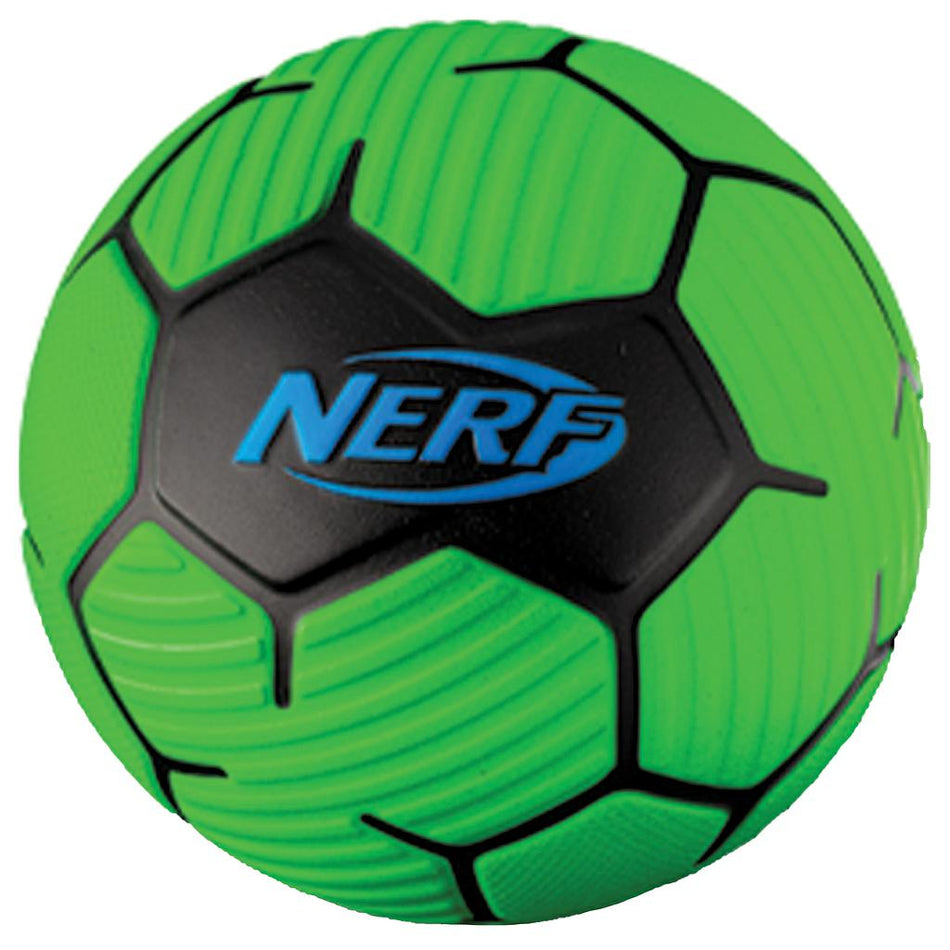 The Nerf Proshot Foam Soccer Ball by Nerf features green and black textured panels, a blue and white Nerf logo on a black hexagon, and is perfect for indoor or outdoor play.