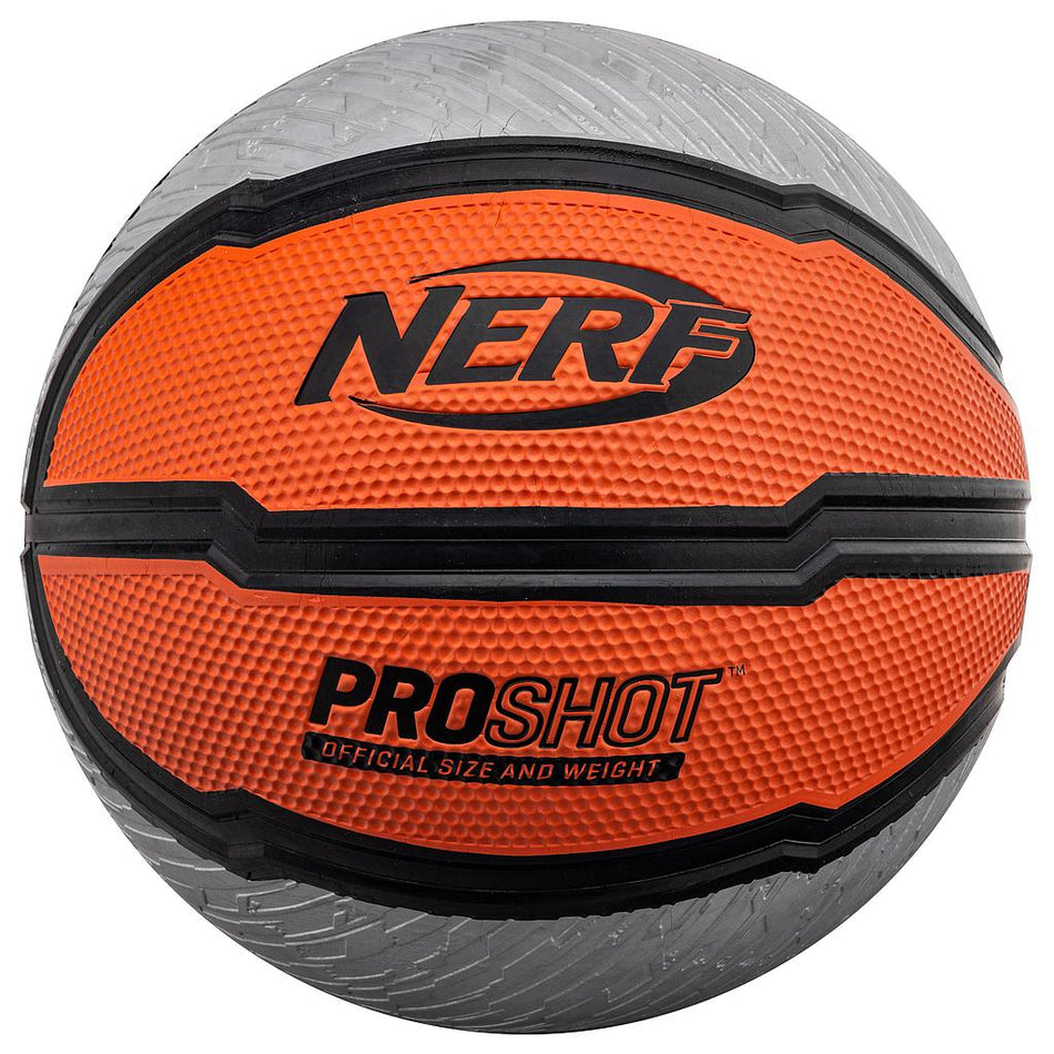 Close-up of a Nerf Proshot Rubber Basketball by Nerf, size 7 in orange and gray with black textured bands and "NERF" plus "PROSHOT Official Size and Weight" printed; ideal for kids.