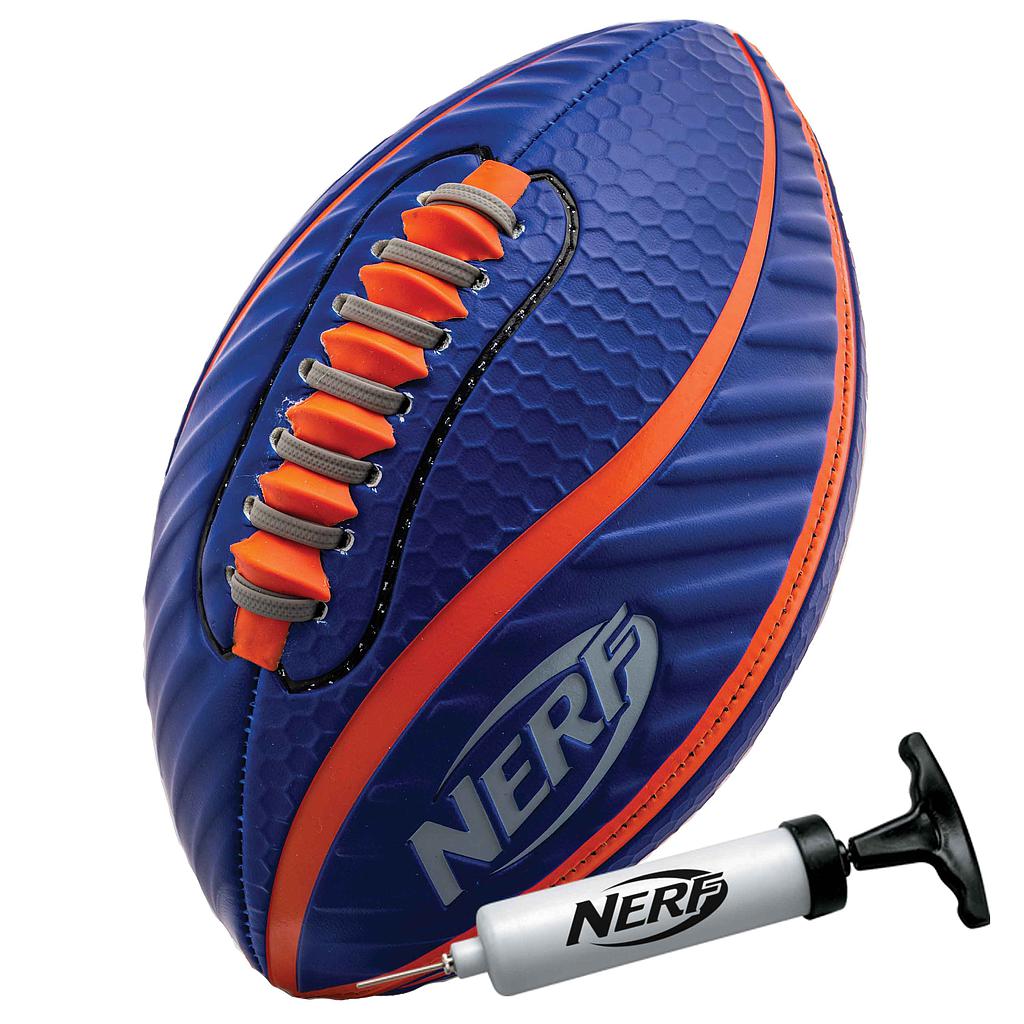 The Nerf Spiral Grip Football by Nerf, featuring blue and orange colors with SPACELACE grip and orange laces, is shown next to a NERF-labeled hand pump—ideal for both indoor and outdoor play.