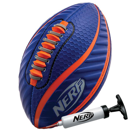 The Nerf Spiral Grip Football by Nerf, featuring blue and orange colors with SPACELACE grip and orange laces, is shown next to a NERF-labeled hand pump—ideal for both indoor and outdoor play.