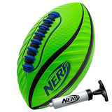 The Nerf Spiral Grip Football, in green with blue laces and black accents, is shown beside a Nerf-labeled hand pump—ideal for both indoor and outdoor play.