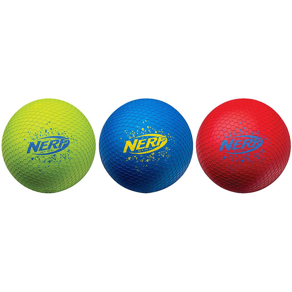 Three Nerf Pro Shot Playground Balls are shown side by side in green, blue, and red. Each durable rubber ball displays the Nerf logo on the front.