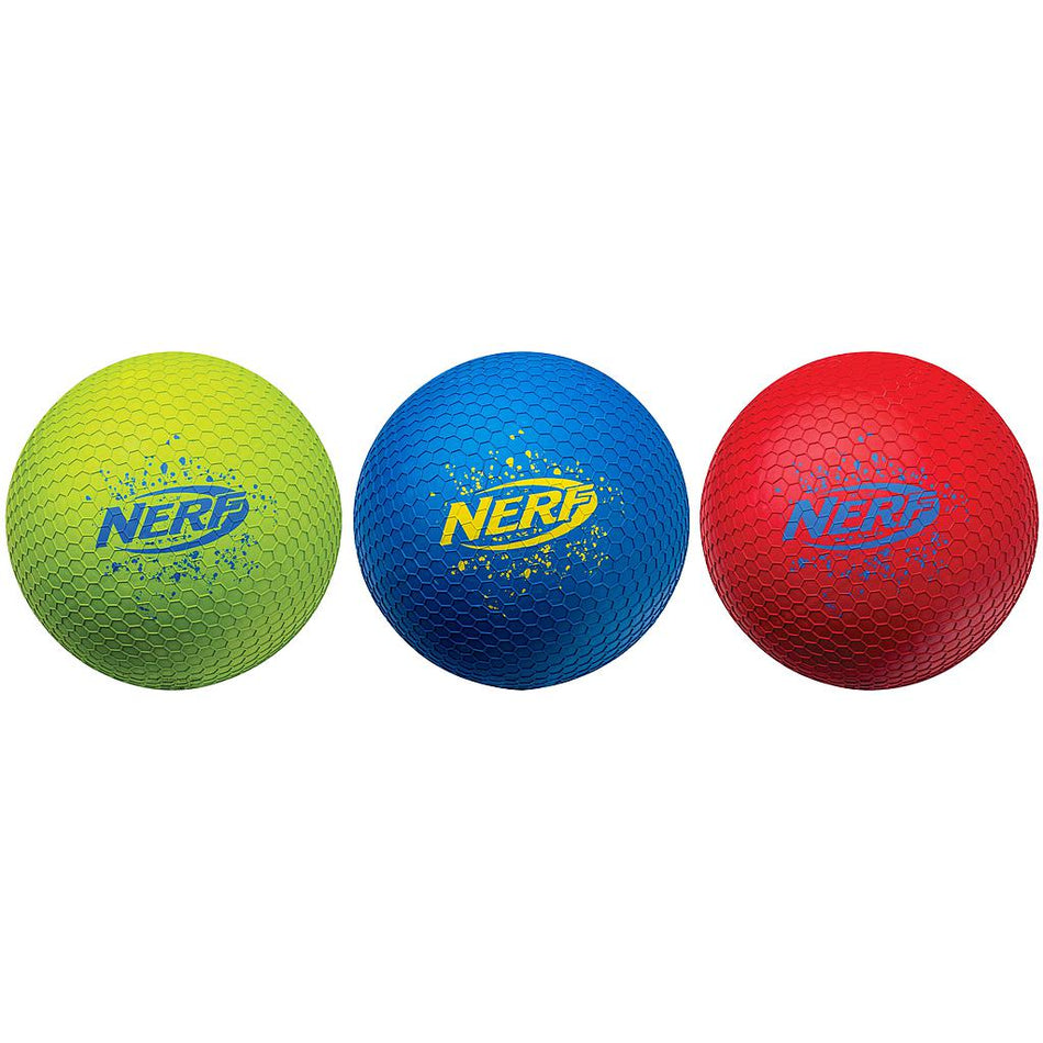 Three Nerf Pro Shot Playground Balls are shown side by side in green, blue, and red. Each durable rubber ball displays the Nerf logo on the front.