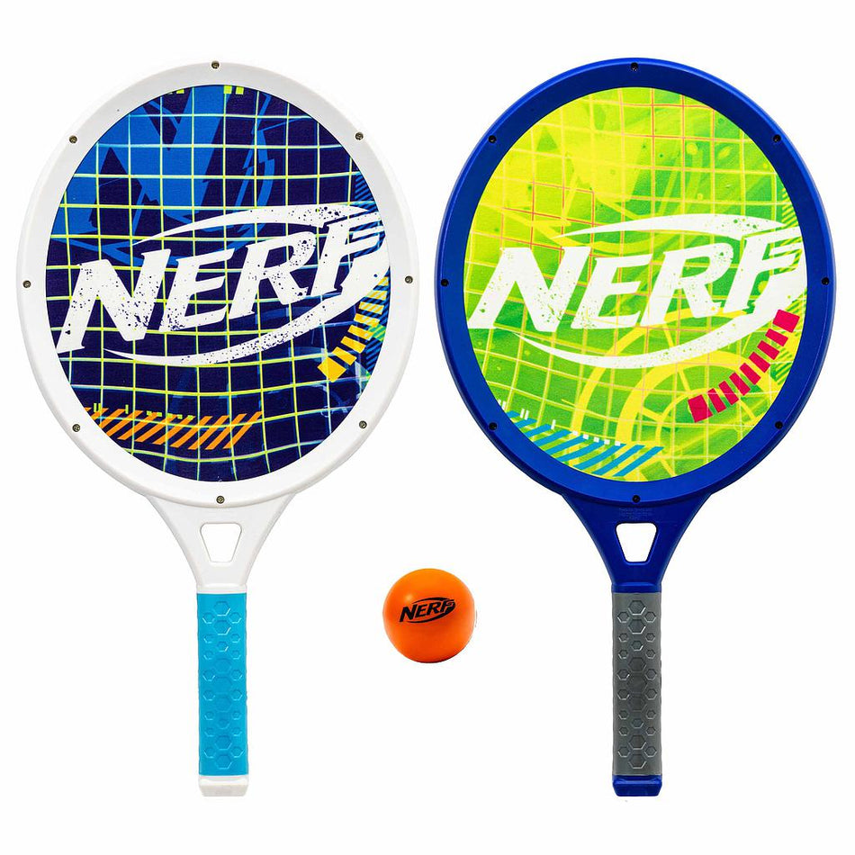 The Nerf Driveway Tennis Set by Nerf features two vibrant jumbo rackets—one in blue, white, and yellow, the other in green and blue—placed side by side with an orange Nerf tennis ball between them.