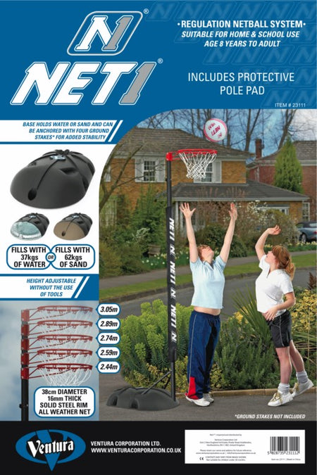 Two girls play netball outdoors with the Net1 Portable Netball System, a freestanding hoop by Net1 featuring a black adjustable post and a base fillable with water or sand. Product features and measurements are displayed around the image.