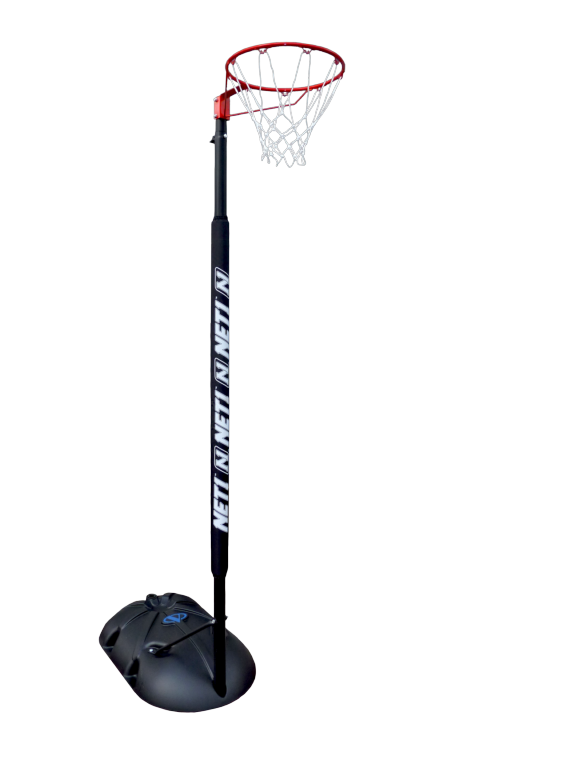 The Net1 Portable Netball System by Net1 is shown with a red rim, white net, black pole labeled NET1, and a black wheeled base, all set against a plain white background.