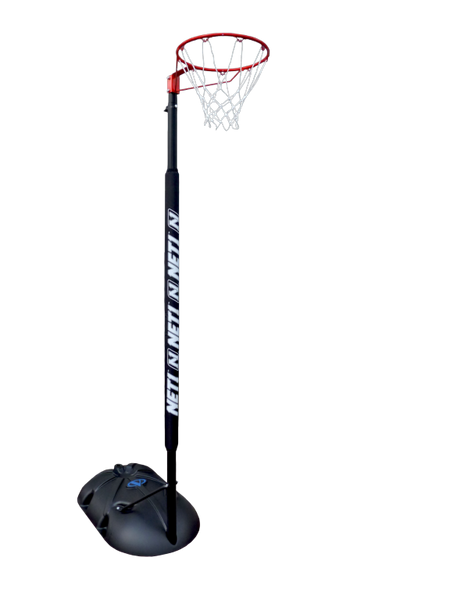 The Net1 Portable Netball System by Net1 is shown with a red rim, white net, black pole labeled NET1, and a black wheeled base, all set against a plain white background.