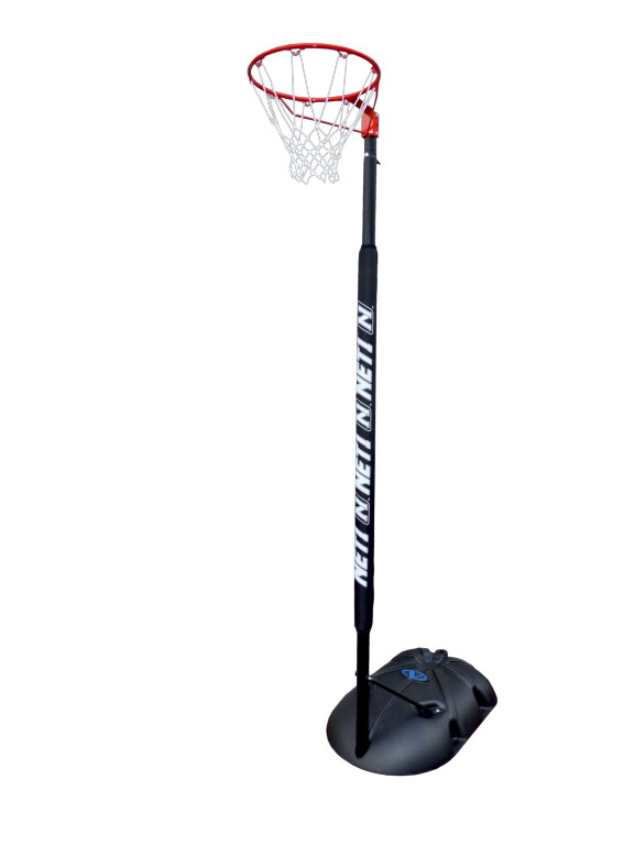 The Net1 Portable Netball System by Net1 features an adjustable netball post with a red rim, white net, black pole, protective padding, and sturdy black base against a plain white background.