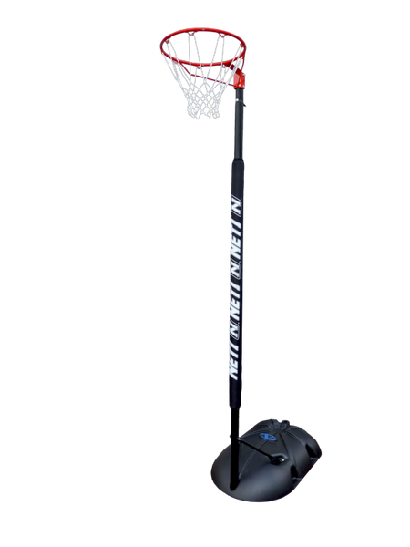 The Net1 Portable Netball System by Net1 features an adjustable netball post with a red rim, white net, black pole, protective padding, and sturdy black base against a plain white background.
