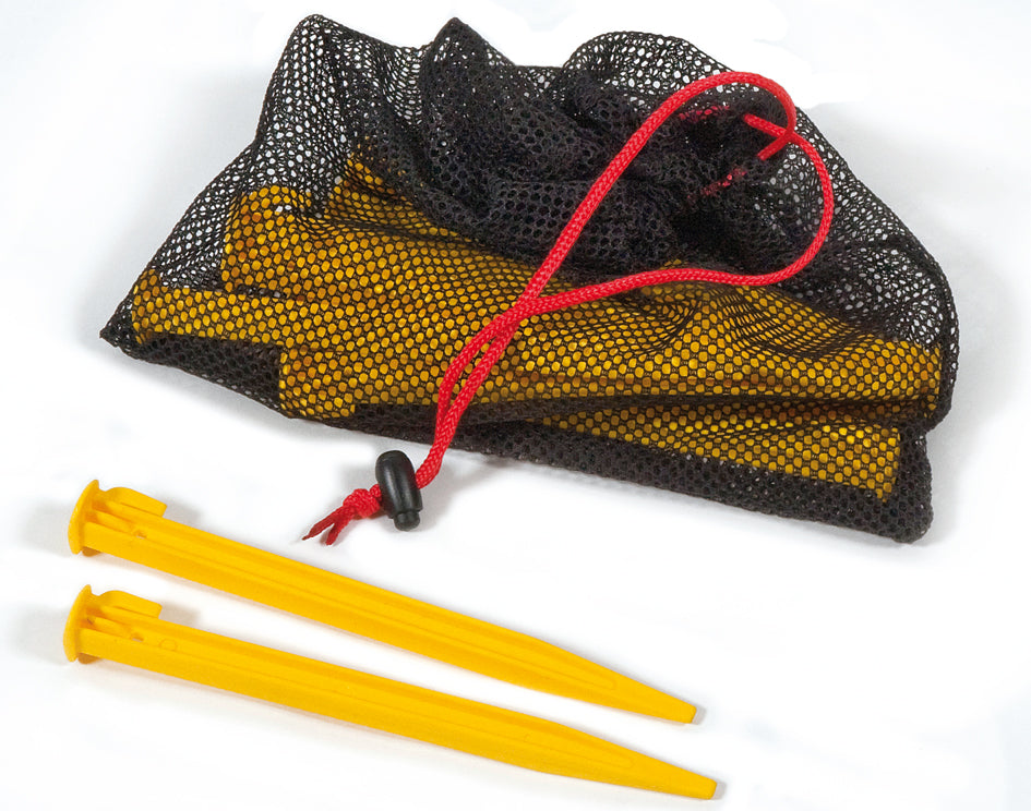 A Precision Training black mesh bag with a red drawstring holds Precision Plastic Net Pegs, with two yellow pegs placed outside the bag on a white background.