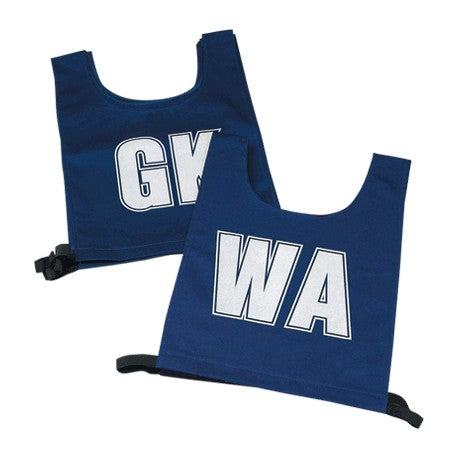 The Martin Berrill Sports Nylon Netball Printed Bib Set includes two blue bibs, each with a large white letter (GK and WA), and black adjustable side straps for a secure fit.