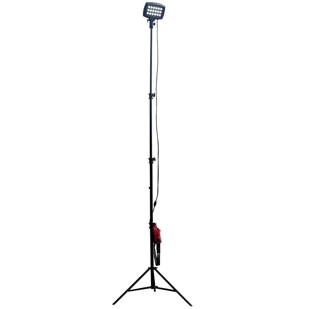 The Nightsearcher SportStar Portable LED Floodlight features a tall black tripod with an adjustable pole and a rectangular 20,000 lumen LED light, electrical cord, and red device—making it a powerful portable sports lighting solution anywhere.