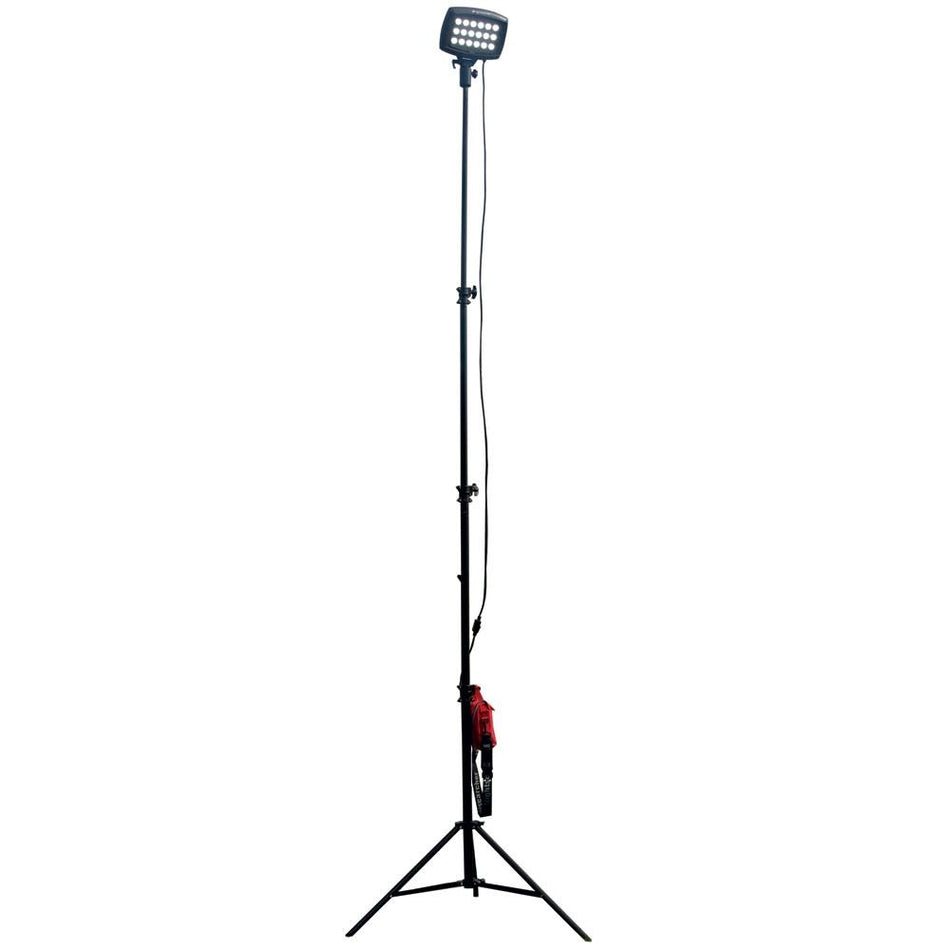 The Nightsearcher SportStar Portable LED Floodlight features a tall black tripod with an adjustable pole and a rectangular 20,000 lumen LED light, electrical cord, and red device—making it a powerful portable sports lighting solution anywhere.
