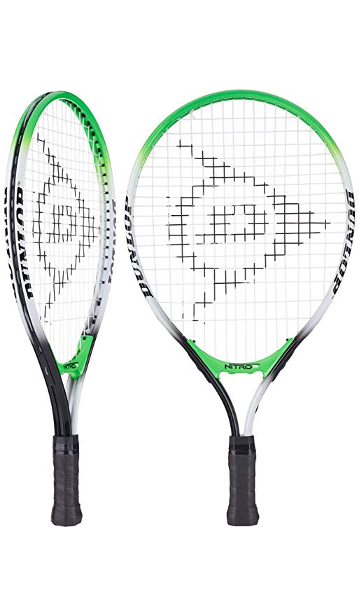 Two Dunlop Nitro 19" Tennis Rackets by Dunlop are shown with black handles, white frames, and green accents; one lightweight titanium racket faces forward, the other is angled to highlight its side profile.