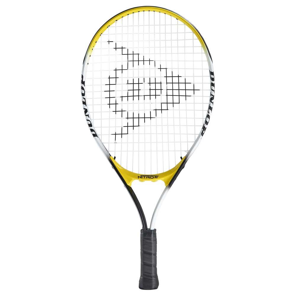 The Dunlop Nitro 21" Tennis Racket for kids features a yellow and white frame, black strings with the Dunlop logo, and a black grip, displayed against a white background.