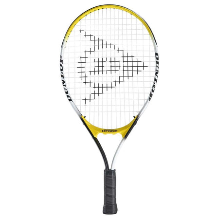 The Dunlop Nitro 21" Tennis Racket for kids features a yellow and white frame, black strings with the Dunlop logo, and a black grip, displayed against a white background.