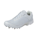 The Gunn & Moore Icon Spike Junior is a white, lightweight sports shoe with metal spikes, designed for cricket or track. It features a lace-up closure, textured side pattern, and GM branding—perfect spike shoes for young athletes.
