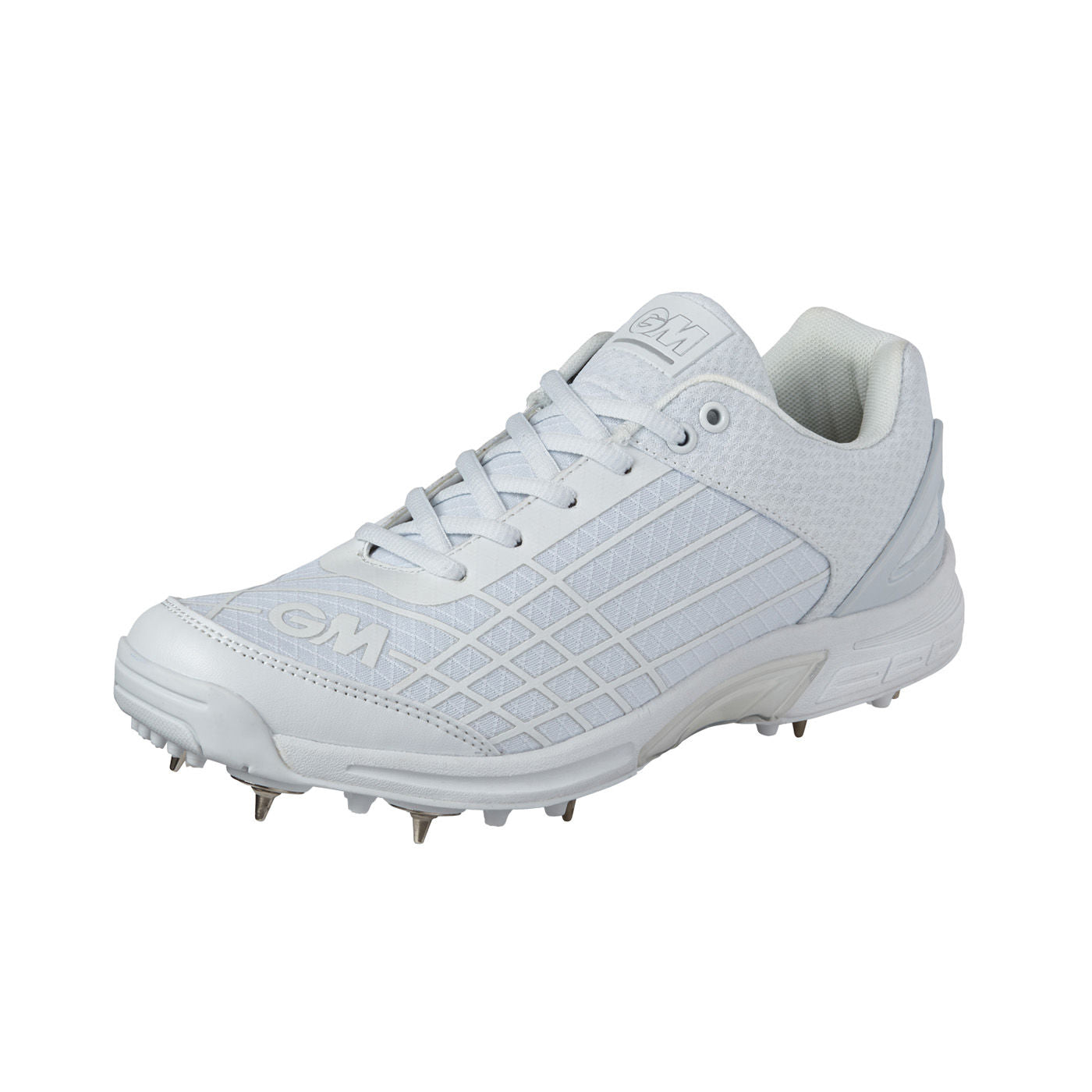The Gunn & Moore Icon Spike Junior is a white, lightweight sports shoe with metal spikes, designed for cricket or track. It features a lace-up closure, textured side pattern, and GM branding—perfect spike shoes for young athletes.