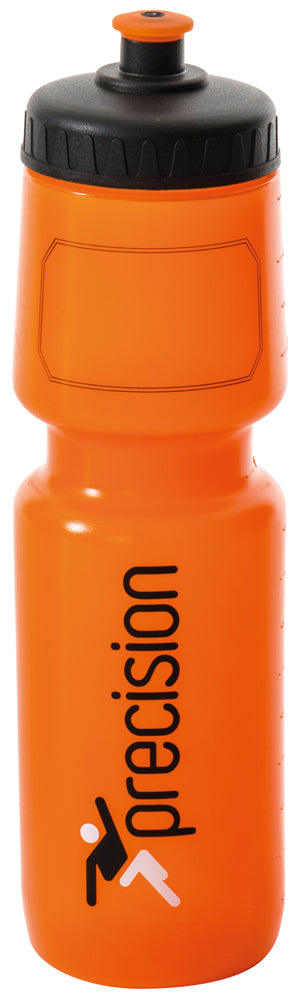 The Precision Training Precision Water Bottle 750ml is orange with a black lid, features "precision" in black and a stick-figure graphic near the base—perfect for fans of branded water bottles.