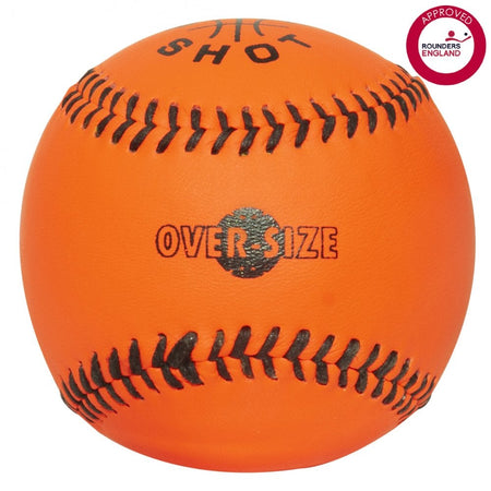 The Sure Shot Oversized Training Rounders Ball features durable synthetic leather, black stitching, and OVER-SIZE text. The top shows part of "SHOT" and a Rounders England Approved logo appears in the top right corner.