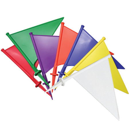 Hunts County Boundary Flags (Pack of Ten) feature white triangular flags on matching sticks. Perfect for marking boundaries, these white flags are neatly stacked, fanned out, and overlapping for easy visibility.