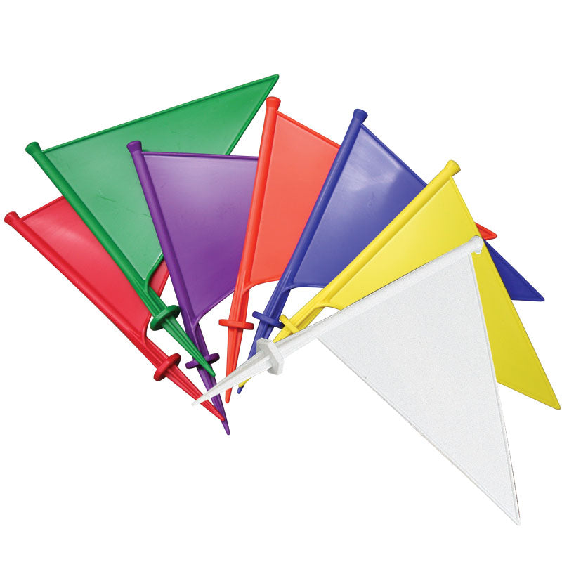 Hunts County Boundary Flags (Pack of Ten) feature white triangular flags on matching sticks. Perfect for marking boundaries, these white flags are neatly stacked, fanned out, and overlapping for easy visibility.