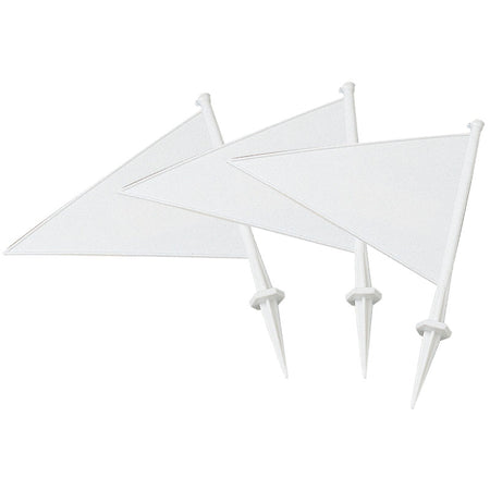 Three small, white, triangular Hunts County Boundary Flags (Pack of Ten) with pointed sticks, overlapped on a white background. These plastic flags are available in White, Red, or Yellow and sold in convenient packs of ten.