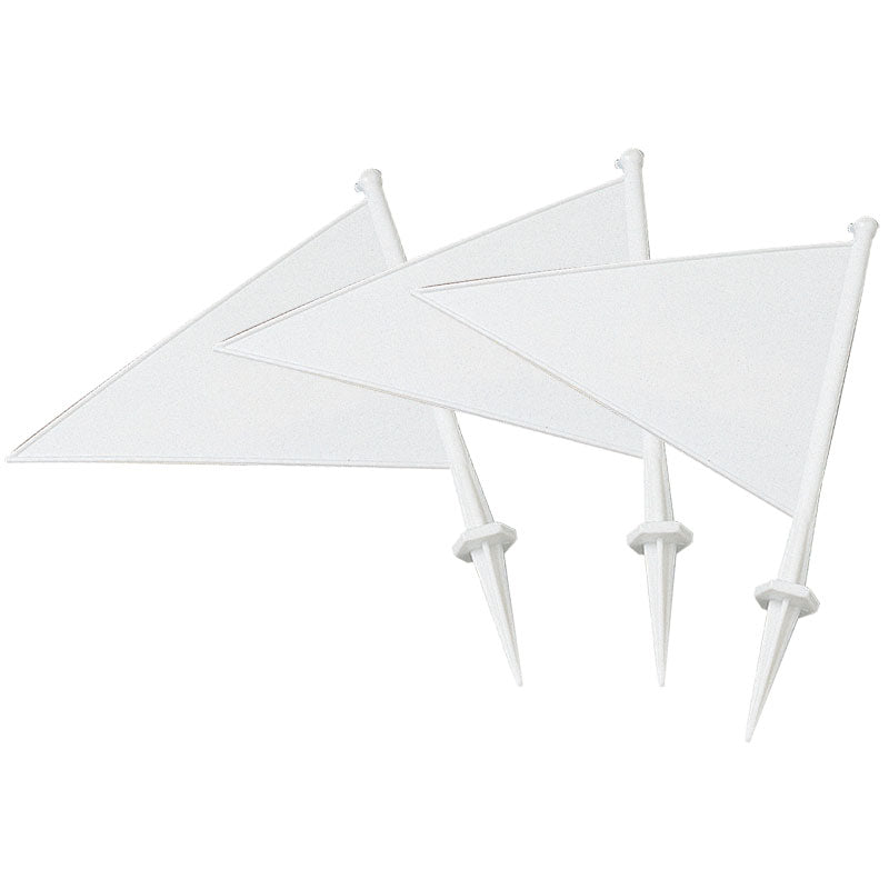 Three small, white, triangular Hunts County Boundary Flags (Pack of Ten) with pointed sticks, overlapped on a white background. These plastic flags are available in White, Red, or Yellow and sold in convenient packs of ten.