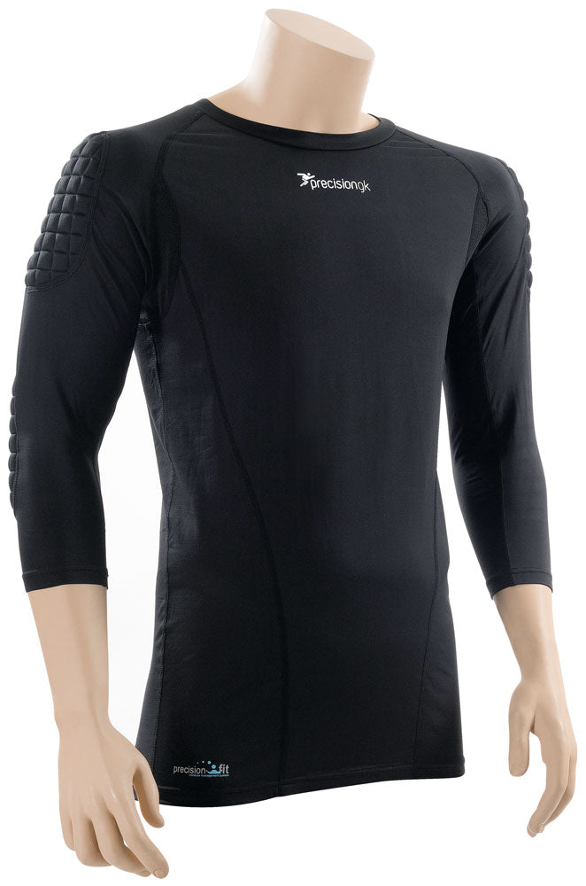 The Precision Training Padded Baselayer GK Shirt Adult is shown on a mannequin, featuring black fabric, shoulder and elbow padding, three-quarter sleeves, chest branding, and a precision fit for comfort.