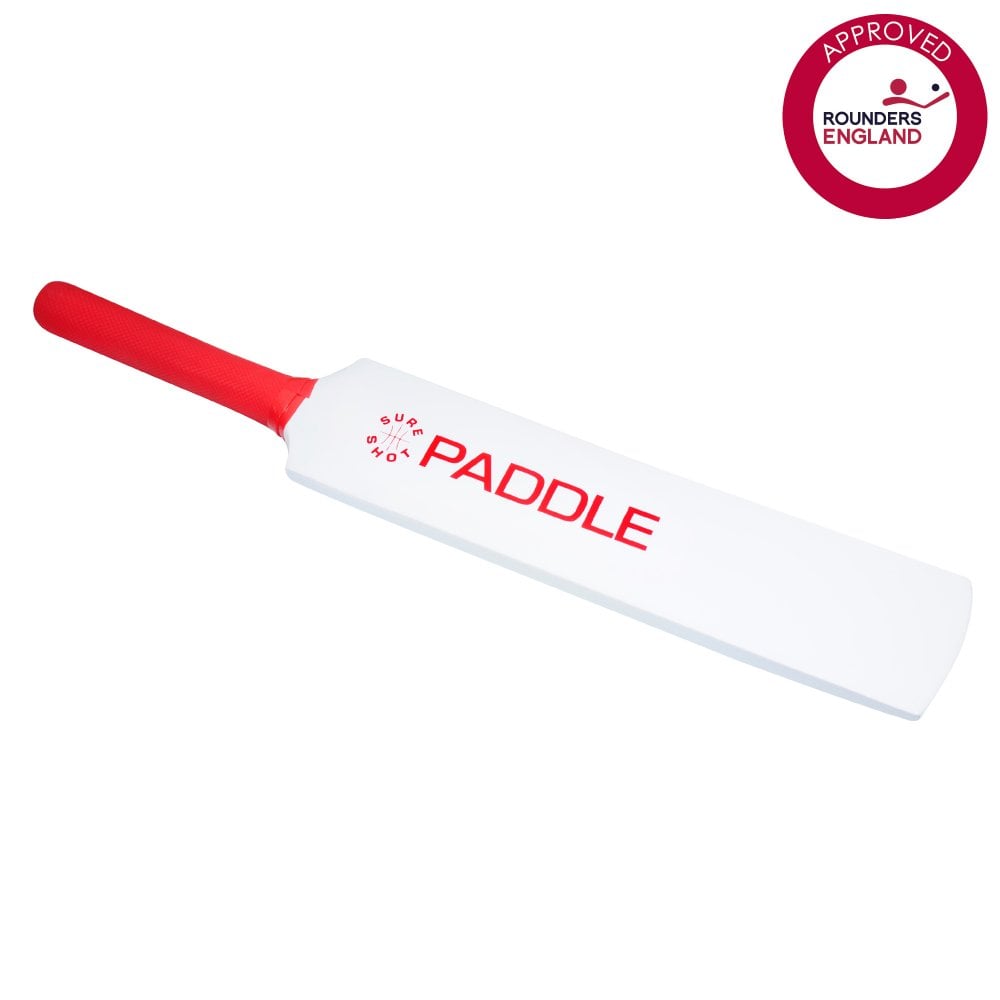 The Sure Shot Paddle Rounder Bat by Sure Shot features a white blade, red handle, and "Super Shot Paddle" text. Displayed with the red Approved Rounders England logo—perfect for beginners.