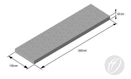 A 3D illustration of the Harrod Sport Panoramic Team Shelter 6M, a rectangular gray slab (1700mm x 6500mm x 165mm), features an oval logo with a stylized "h" at the bottom right and discreet high-density polyethylene seats.