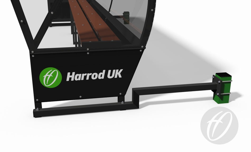 A close-up of a black Harrod Sport Panoramic Team Shelter Anchor with support posts and a green logo, featuring an attached green and black electrical charging unit on the right side.