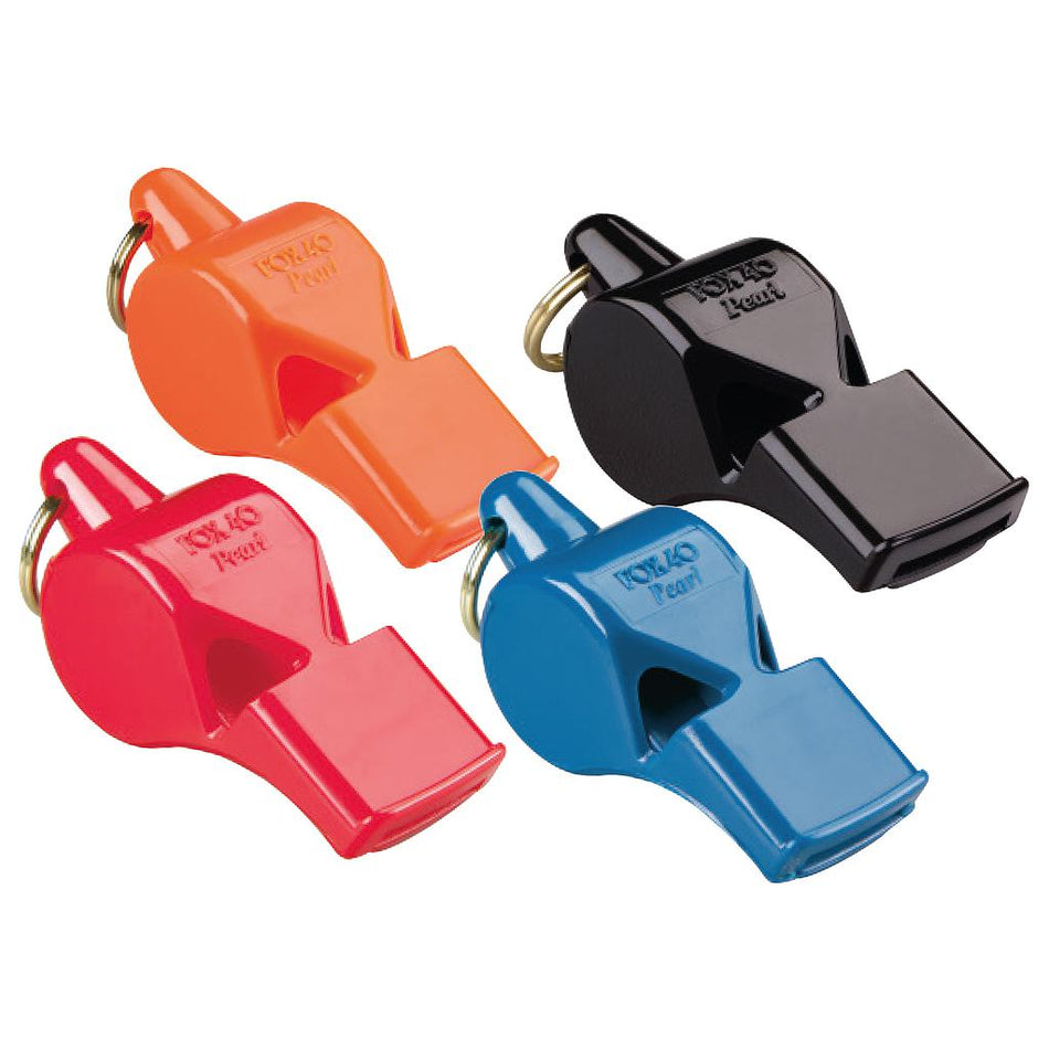 The Fox 40 Pearl Safety Whistle and Strap by Fox 40 is a blue plastic safety whistle with a metal ring, ideal for multi-field games. It is shown against a white background.