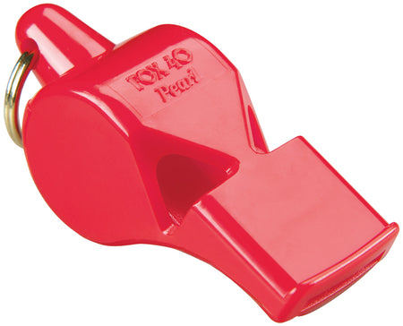 The Fox 40 Pearl Safety Whistle and Strap is a bright red, pealess plastic whistle with a keyring, embossed with the Fox 40 brand—perfect for multi-field games.