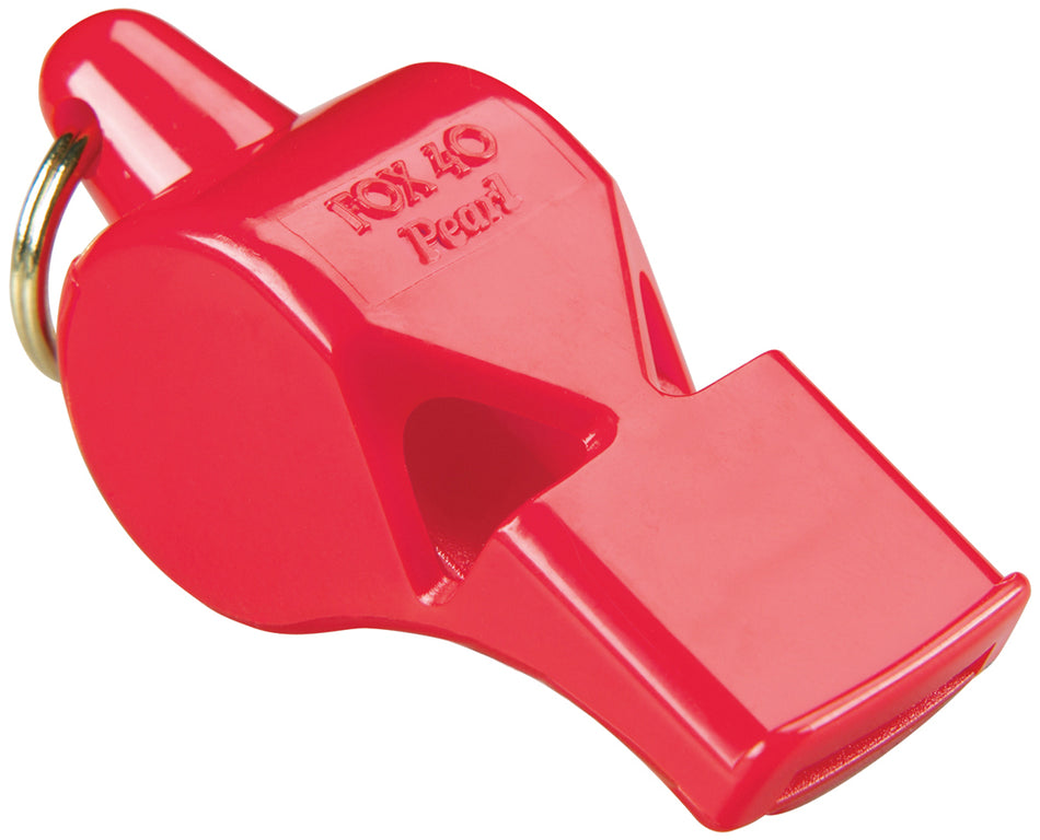 The Fox 40 Pearl Safety Whistle and Strap is a bright red, pealess plastic whistle with a keyring, embossed with the Fox 40 brand—perfect for multi-field games.