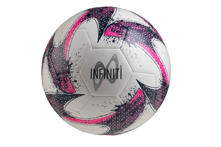 The Samba Infiniti Training Ball 2023 by Samba Sports features a white, pink, and navy geometric design with INFINITI³ branding and a 32-panel construction for enhanced performance.