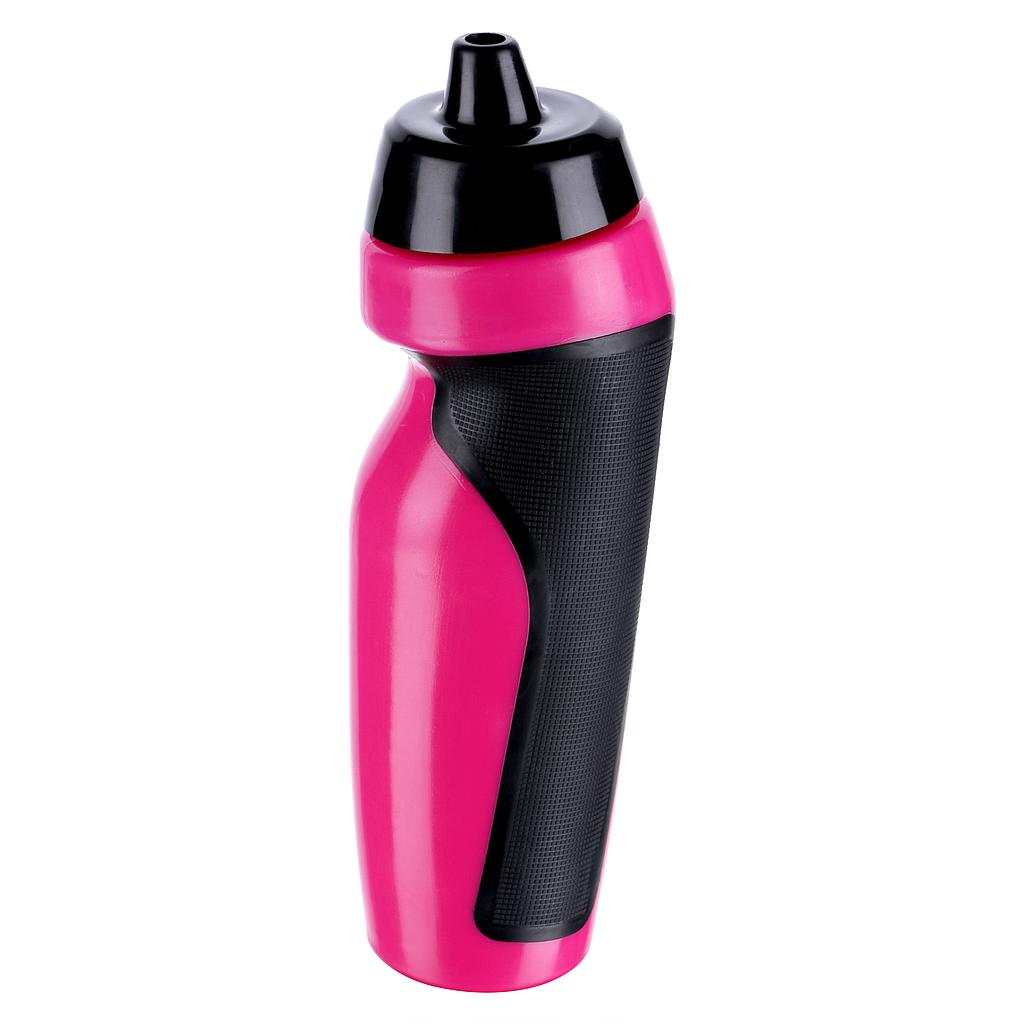 The Precision Training Sports Water Bottle (600ml) is pink and black, BPA free, with a textured grip, ergonomic design, and a black flip-top spout. It stands upright on a white background.