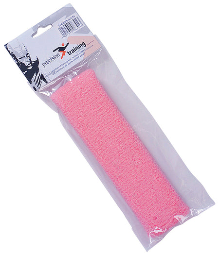 A packaged Precision Headbands product by Precision Training, pink with a textured cotton surface, is displayed in a clear plastic wrapper topped by a branded cardboard header.