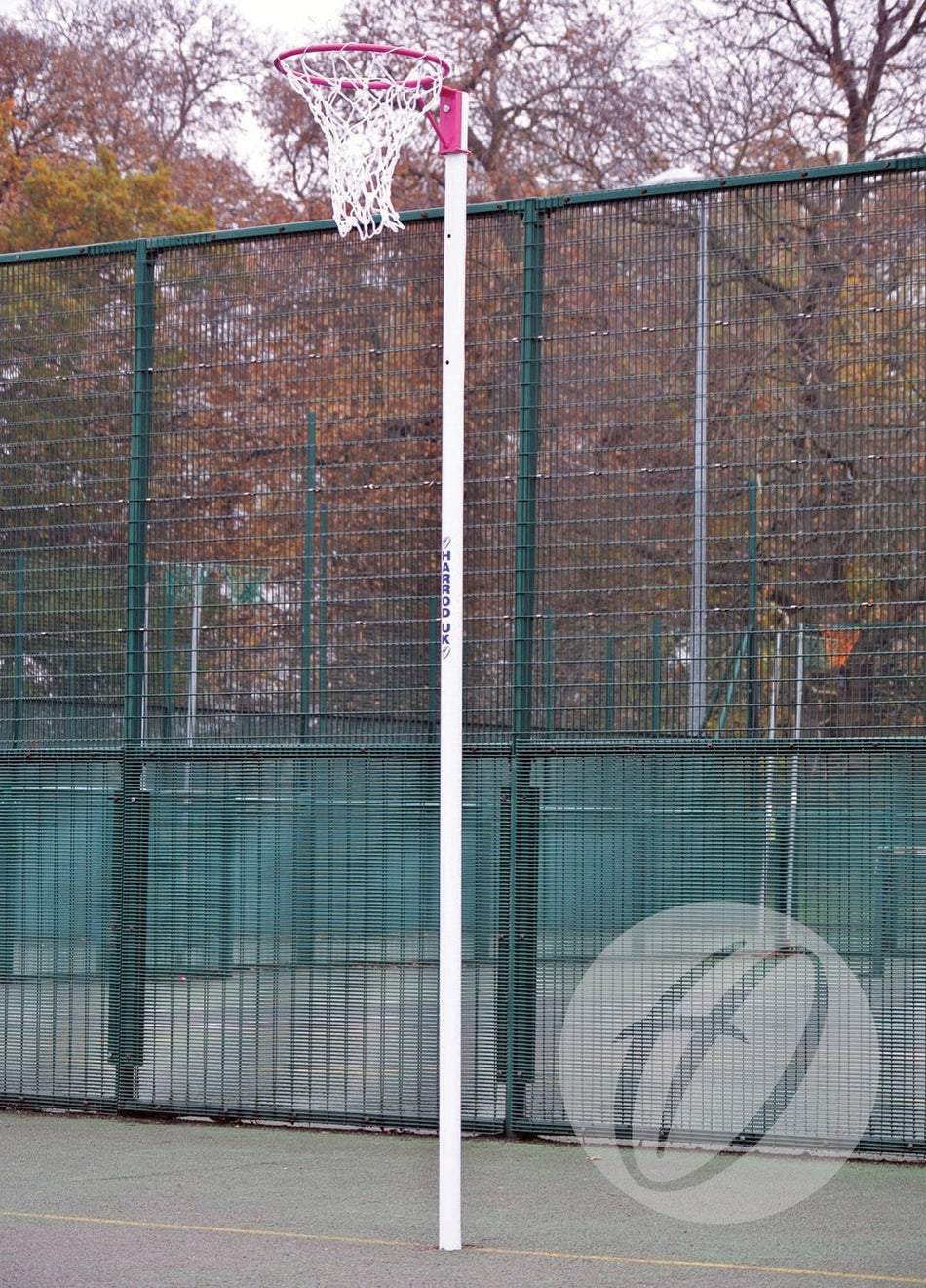 Harrod Sport Pink Netball Posts - C/W Locking Sockets stand on an outdoor court, featuring adjustable posts with locking sockets, surrounded by tall green fencing and autumn trees.
