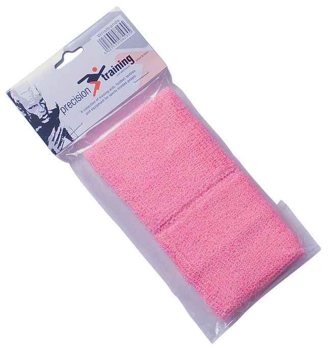 A pink cotton Precision Wristband from Precision Training, packaged in a clear plastic wrapper with a white and gray top cardboard label.