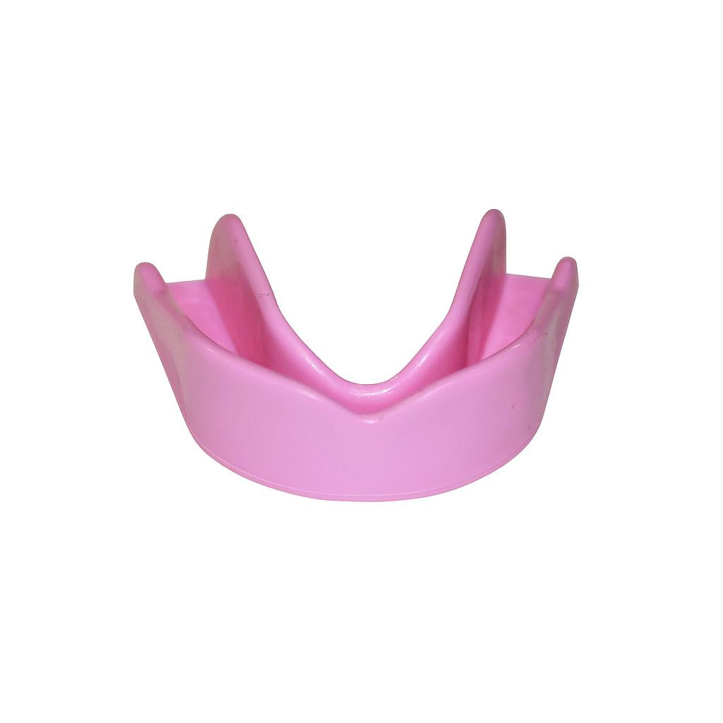The SafeGard Safegard Essential Mouthguard, in pink plastic, is shown against a white background. Its curved design fits the upper teeth for a secure boil-and-bite fit, making it ideal for contact sports.