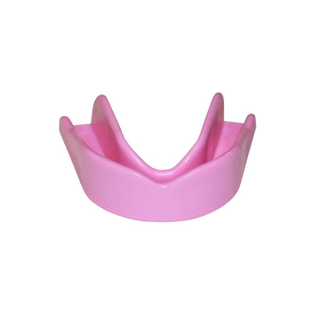 The SafeGard Safegard Essential Mouthguard, in pink plastic, is shown against a white background. Its curved design fits the upper teeth for a secure boil-and-bite fit, making it ideal for contact sports.