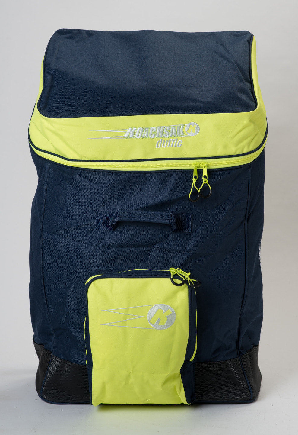 A spacious navy blue and neon yellow KoachSak Duffle by Katchet features water-resistant fabric, a front zippered pocket, branded logo on the top flap, and sturdy rucksack handles, styled against a plain light background.