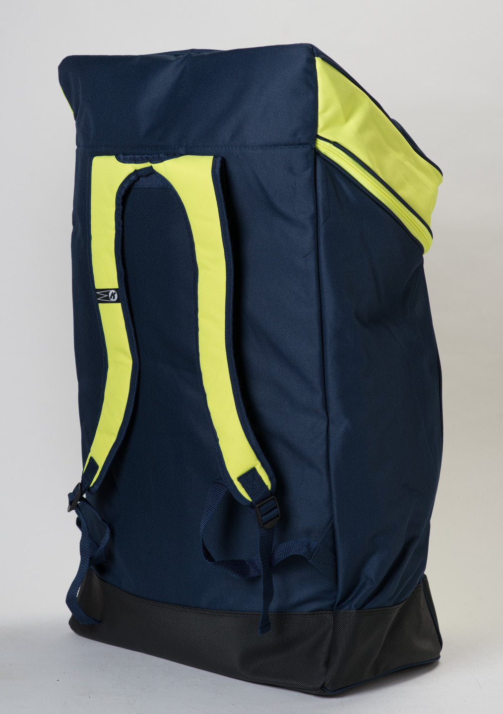 The Katchet KoachSak Duffle is a large, navy blue bag with bright yellow straps, rucksack handles, and a yellow zippered top section, shown standing upright against a plain white background.