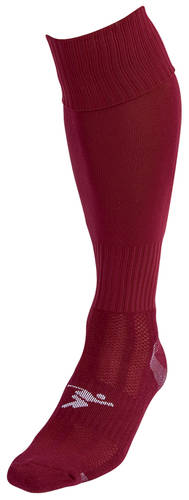 The Precision Training Precision Plain Pro Football Socks Adult is a single maroon knee-high athletic sock with ribbed sections at the top and ankle, plus a small white logo near the toe for added ankle support.