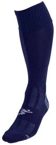 The Precision Training Precision Plain Pro Football Socks Adult is a single navy blue knee-high sock with ribbed texture and reinforced arch and toe for added protection, shown on a plain white background.