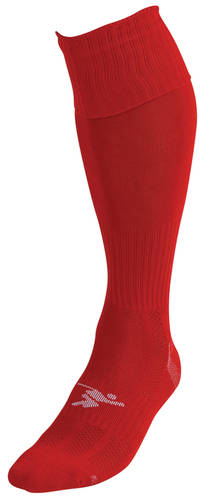 The Precision Training Precision Plain Pro Football Socks Adult is a single, bright red knee-high sock with ribbed top and foot, ankle support, and a small white logo near the toes, shown on a plain white background.